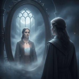 A person seeing their mystical doppelgänger in a mirror, representing spiritual reflection and self-discovery.