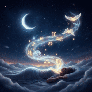 Dreamy night sky with zodiac symbols.