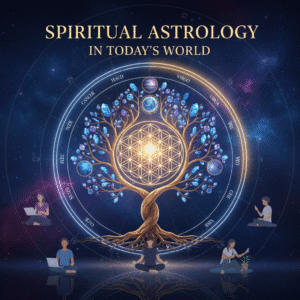 a glowing mystical tree with the flower of life at the centre. Four people seating around the tree, with overlaying text "Spiritual Astrology in today's world"