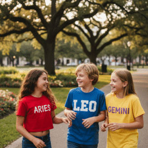 Three children wearing zodiac t-shirts.