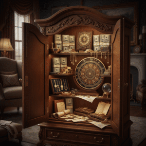 Antique cabinet filled with treasures.
