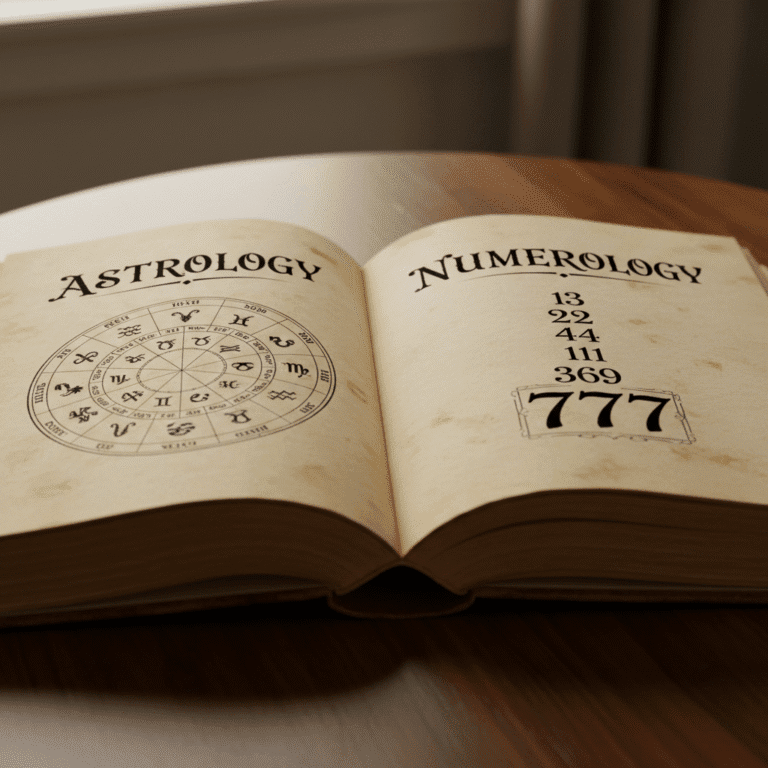 Decorative image illustrating Astrology and Numerology Terms with a celestial-themed diagram featuring planets, numbers, and geometric shapes.