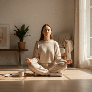 A young adult sitting cross-legged on a wooden floor in a bright, cozy room, practicing morning meditation with eyes closed, soft sunlight streaming through a window, a notebook and a cup of tea beside them, minimal and warm decor, calm and peaceful atmosphere, realistic photography style, natural colors, lifestyle photography.