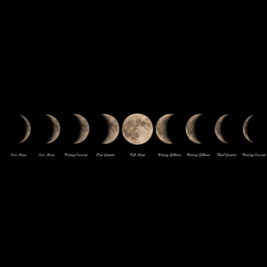 A night sky depicting various moon phases