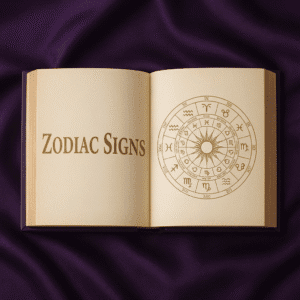 An open book with "ZODIAC SIGNS" written on one page and a zodiac wheel drawn in the other page. The book is placed a silky purple background.