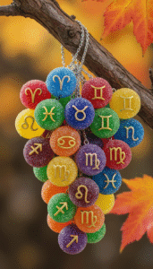 a colourful hyper realistic image of some fruit shaped pendants hanging from a tree. Each pendant has a zodiac sign embossed on it.