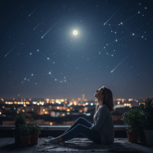 Person gazing at the night sky filled with subtle stars and moonlight, symbolizing cosmic signs and intuition.