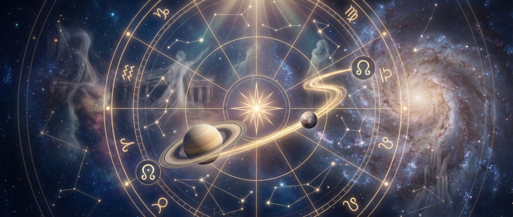 A cosmic banner illustrating karmic astrology, featuring a glowing zodiac wheel, Saturn, Pluto, and the lunar nodes symbols representing the soul's journey against a galaxy background.