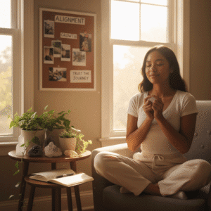 A serene young person meditating by a window in soft morning light, with plants and crystals on a nearby table, and a vision board in the background.