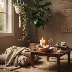Calm meditation space with candle, Om symbol, and lotus flower symbolizing mindfulness and inner peace.