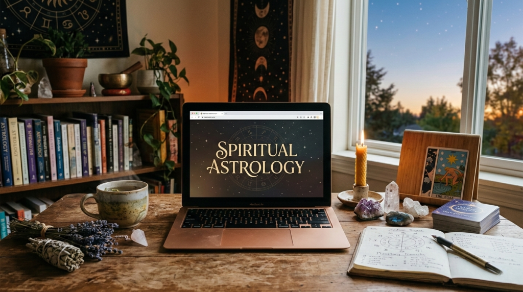 A banner image for a spiritual astrology blog showing a laptop on a rustic desk with celestial decor, healing crystals, and a hand-drawn zodiac chart in an open journal.
