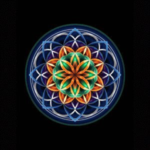 The Mandala, a sacred aesthetic symbol in vibrant orange, electric blue and green.