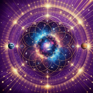 A golden Flower of Life geometric pattern centered on a purple background, surrounded by radiating golden light and two small planets (Earth and Jupiter) on opposite sides of the outermost ring, giving Spiritual Astrology vibes.