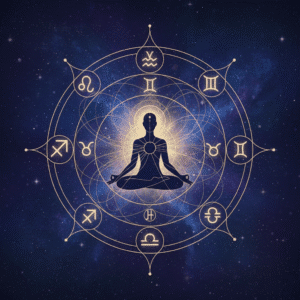 A mystical digital illustration depicting a meditating human silhouette at the center of a celestial wheel. The figure is surrounded by glowing zodiac constellations and planetary symbols, all set against a deep indigo and violet galaxy with soft starlight. Radiant energy lines emanate from the meditating figure, symbolizing inner awakening, harmony, consciousness, and a divine connection between the human soul and the cosmos. The overall aesthetic is elegant, mystical, and calming, with subtle golden accents.