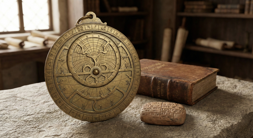 A detailed, realistic photograph of an antique brass astrolabe engraved with zodiac symbols resting on a stone table next to ancient texts, illustrating the tools used in Hellenistic Astrology