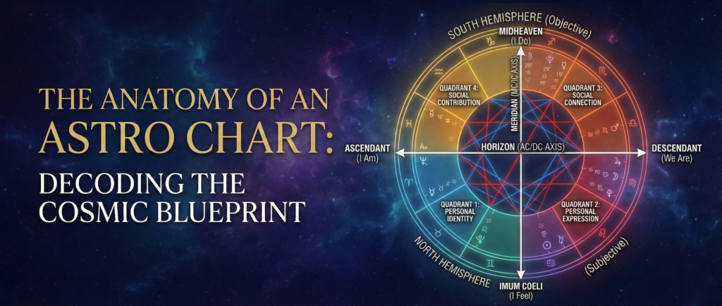 A detailed diagram illustrating the anatomy of an Astrology Chart, showing the horizon axis, meridian axis, four quadrants, and north and south hemispheres against a cosmic background, with the title "The Anatomy of an Astro Chart: Decoding the Cosmic Blueprint.