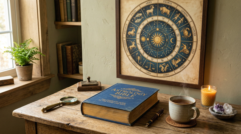 A realistic photograph of a blue hardcover book resting on a rustic wooden table, serving as the ultimate guide to astrology for beginners, with framed zodiac wheel wall art hanging in the background.
