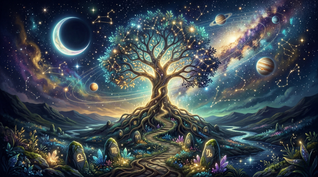 A mystical tree of life connecting an earthy landscape with zodiac stones to a starry cosmic sky, illustrating astrology for spiritual growth.