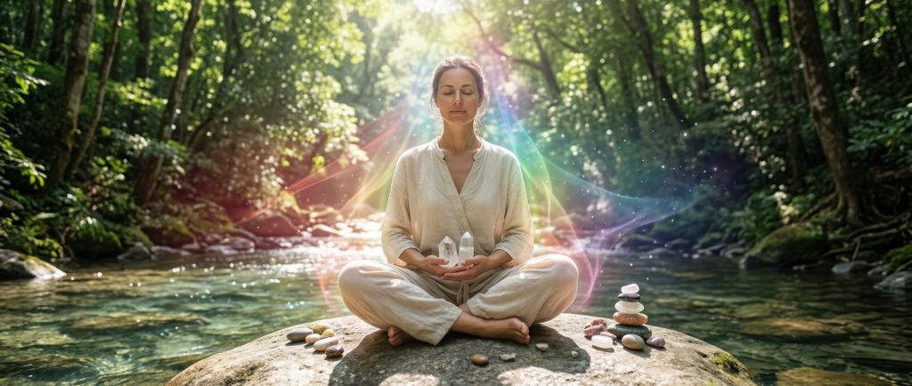 A woman in a meditative pose with her eyes closed, sitting on a large rock in a calm forest river while holding Selenite and Clear Quartz crystals. A vibrant, swirling, multi-colored light field surrounds her body, illustrating a visualization technique for aura cleansing.