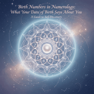 Illustration of numerology birth numbers 1 to 9 arranged in a glowing mandala pattern with celestial background, symbolizing self-discovery and personality traits based on date of birth.