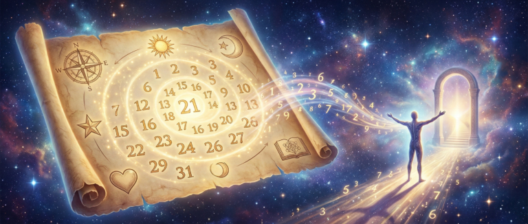 A mystical illustration of an ancient scroll glowing with numbers and cosmic symbols, representing birthday numerology and the journey of the soul through different life paths.
