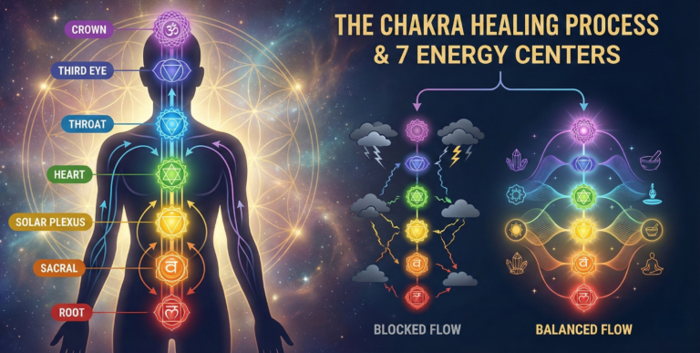 Chakra healing diagram displaying the 7 energy centers on a human silhouette and comparing blocked energy flow versus balanced alignment.