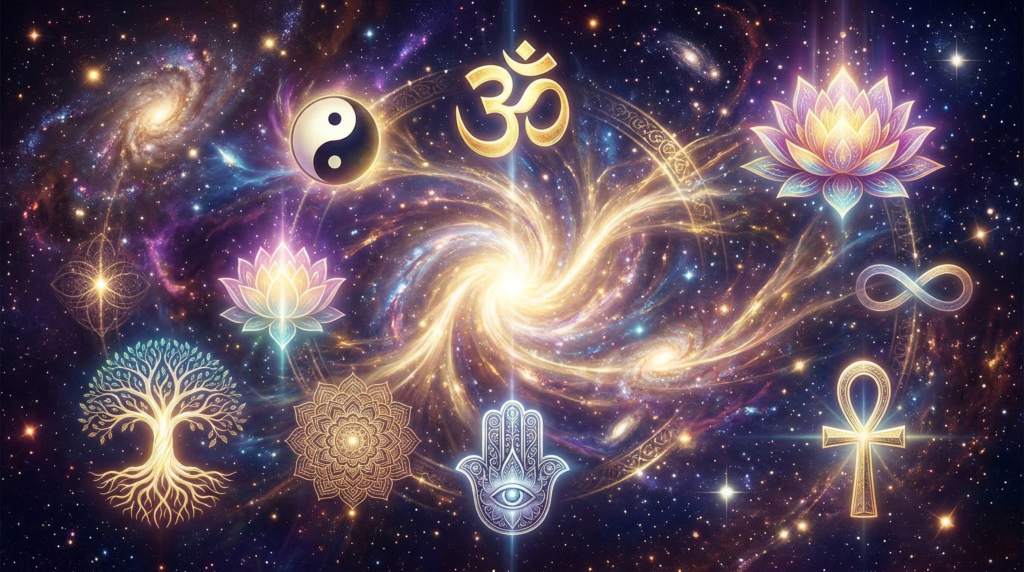 A dynamic cosmic nebula backdrop featuring a variety of glowing spiritual symbols, including the Om, Yin Yang, Hamsa hand, Tree of Life, Ankh, and Lotus flowers, orbiting a central vortex of light.