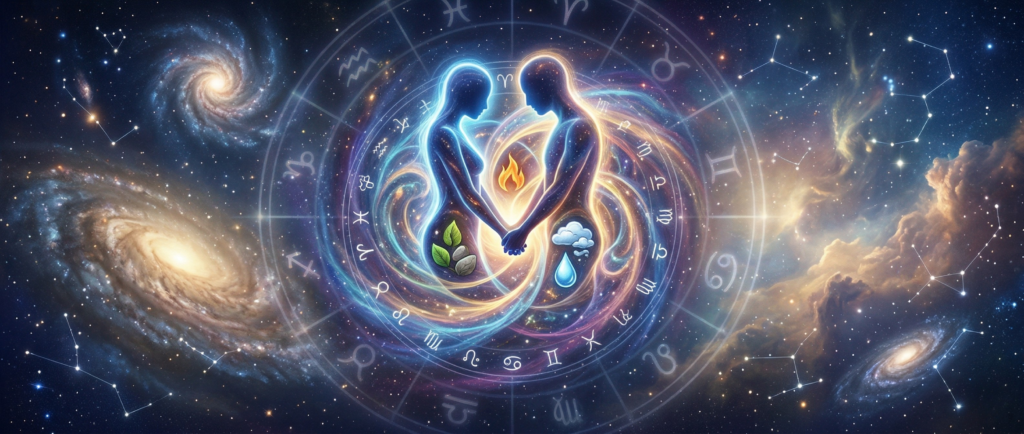 A vibrant cosmic illustration representing zodiac sexual compatibility, showing two connected figures made of light in deep space within a glowing astrological wheel, surrounded by the four elements (fire, earth, water, air) and distant galaxies.