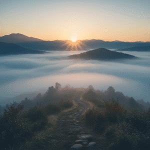 Sunrise over a peaceful mountain path representing the start of a spiritual journey toward mindfulness and inner peace.