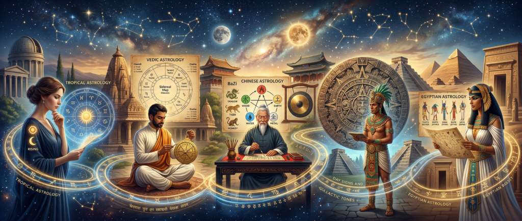 A panoramic cosmic illustration depicting the Different Types of Astrology, featuring practitioners of Western Tropical, Vedic Sidereal, Chinese BaZi, Mayan, and Egyptian astrological systems connected by a glowing starry path under a night sky.