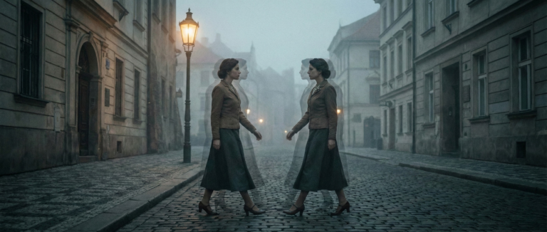 A woman encountering her ghostly double on a misty vintage street, visually illustrating the Doppelgänger meaning.