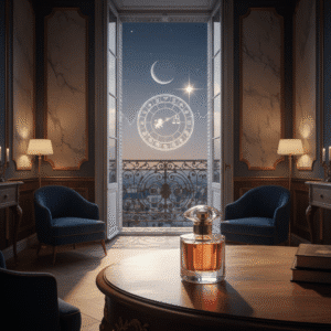 A perfume bottle in a decorated room, through the balcony a zodiac wheel, moon and a star is visible in the night sky