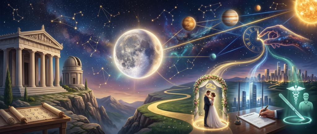 A surreal banner illustration demonstrating Electional Astrology, showing celestial pathways from planets and constellations guiding major life decisions including marriage, business contracts, and medical procedures, set between an ancient temple and a modern cityscape.