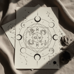 Flat lay of zodiac tattoo designs and celestial symbols in minimalist black ink on neutral background.