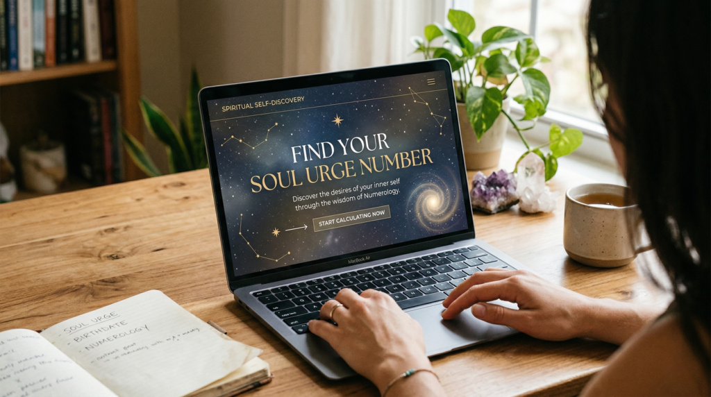 A person working on a laptop at a wooden desk with a screen displaying Find Your Soul Urge Number alongside crystals, a notebook, and a coffee mug.