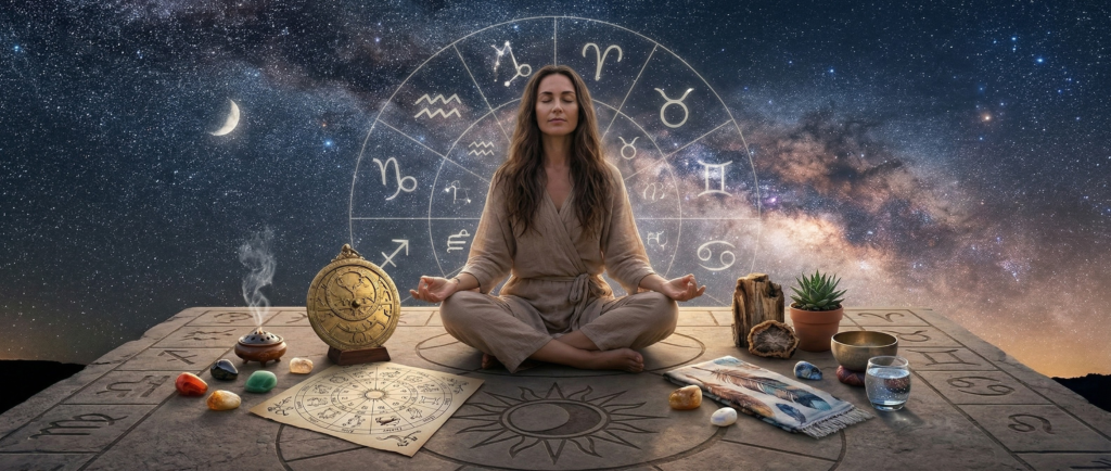 A realistic depiction of a woman in deep meditation under a vast starry night sky and a large, glowing translucent zodiac wheel with all 12 sign glyphs. Before her on a carved stone platform are element-themed stones, a water glass, an astrolabe, and burning incense, illustrating a holistic zodiac self care ritual.