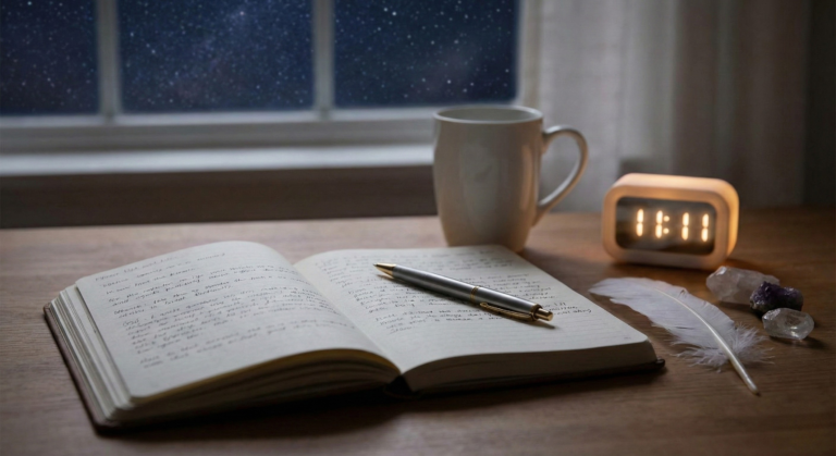 A journal with handwritten notes and a pen on a wooden desk next to a glowing clock displaying 11:11 and a white feather, illustrating the process of learning how to interpret angel numbers.