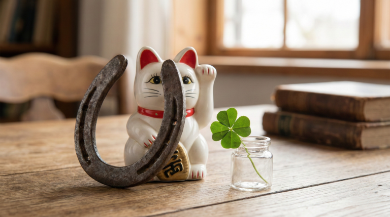 Realistic arrangement of three lucky symbols including a four-leaf clover, an iron horseshoe, and a Maneki Neko cat on a wooden table.