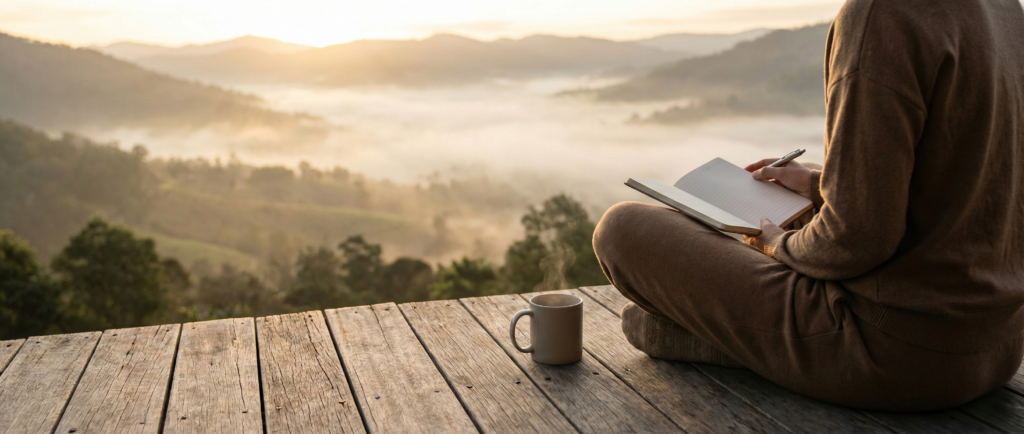 A person sitting cross-legged on a wooden deck at sunrise overlooking misty mountains, writing in a journal to practice manifestation for spiritual growth.