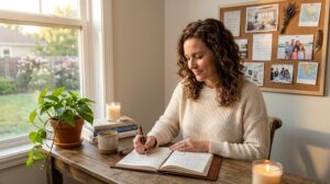 A woman sitting at a sunlit wooden desk, focused on writing in her leather-bound journal, surrounded by candles, a plant, and a detailed vision board, practicing manifestation techniques.