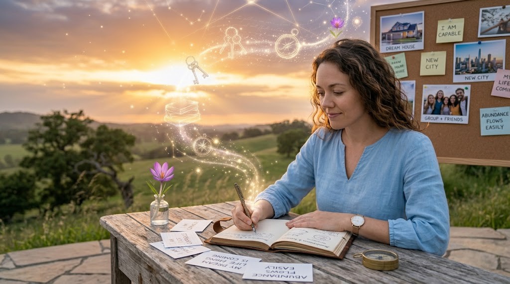 A woman using effective manifestation techniques by writing in a journal with a vision board in the background at sunset.