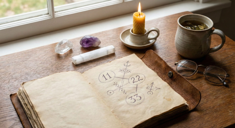 An open, antique journal on a wooden desk, displaying handwritten diagrams of the master numbers 11, 22, and 33, surrounded by crystals, a lit candle, and reading glasses, illustrating the study of master numbers in numerology.