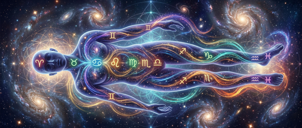 An alchemical banner illustration for medical astrology. A translucent human body is mapped with twelve glowing zodiac signs from head (Aries ♈) to toe (Pisces ♓), showing the flow of cosmic energy through different body parts. The background features a mystical cosmic nebula and sacred geometry.