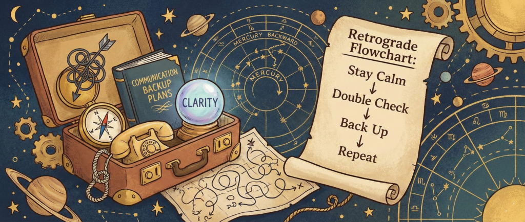 log banner illustration for how to survive Mercury retrograde, depicting an astrological survival kit and a flowchart of retrograde advice against a celestial background.
