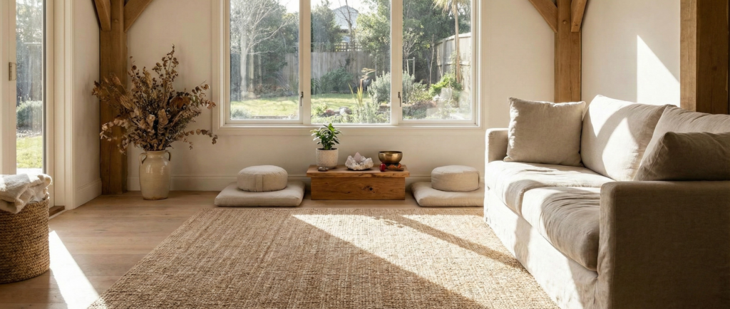 A serene living room showcasing mindful interior design with natural light, meditation cushions, crystals, and a linen sofa.
