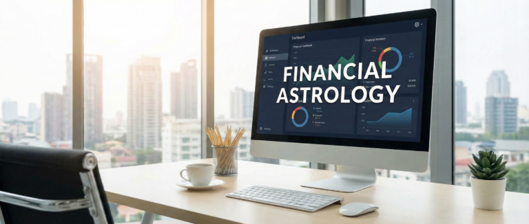 A modern office workspace featuring a desktop computer screen displaying data charts and the prominent text FINANCIAL ASTROLOGY against a city skyline background.