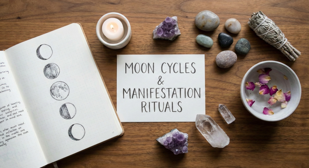 A flat lay photograph showing tools for moon cycles and manifestation rituals, including an open journal with moon phase drawings, crystals, a candle, and sage surrounding a card with the title text.