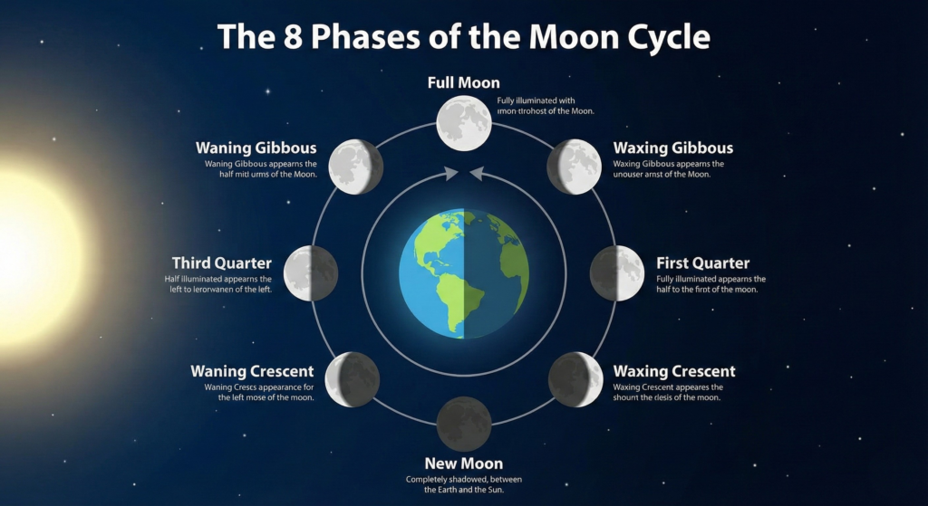 An educational diagram illustrating the specific sequence of Moon Phases and Their Meanings, from New Moon to Full Moon and back.