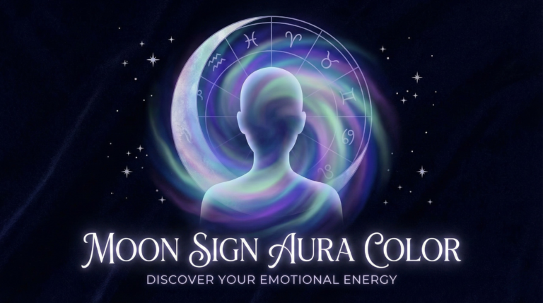 A silhouette surrounded by swirling purple and green energy against a crescent moon and zodiac wheel, illustrating moon sign aura color.