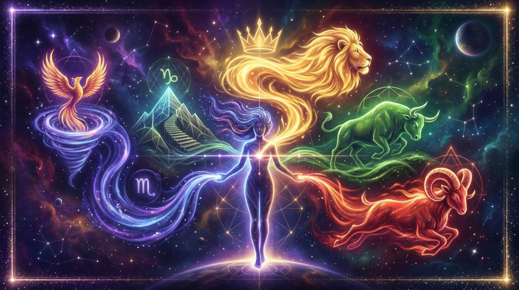 A cosmic illustration of a glowing celestial figure channeling energy to the five most powerful zodiac signs—represented by a fire lion for Leo, an earth bull for Taurus, a fire ram for Aries, a mystical mountain for Capricorn, and a water vortex for Scorpio—set against a vibrant starry galaxy.